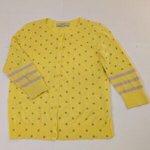 Ann Taylor Loft Women Yellow with Tan Polka Dots Cardigan, Pima Cotton, size MP
